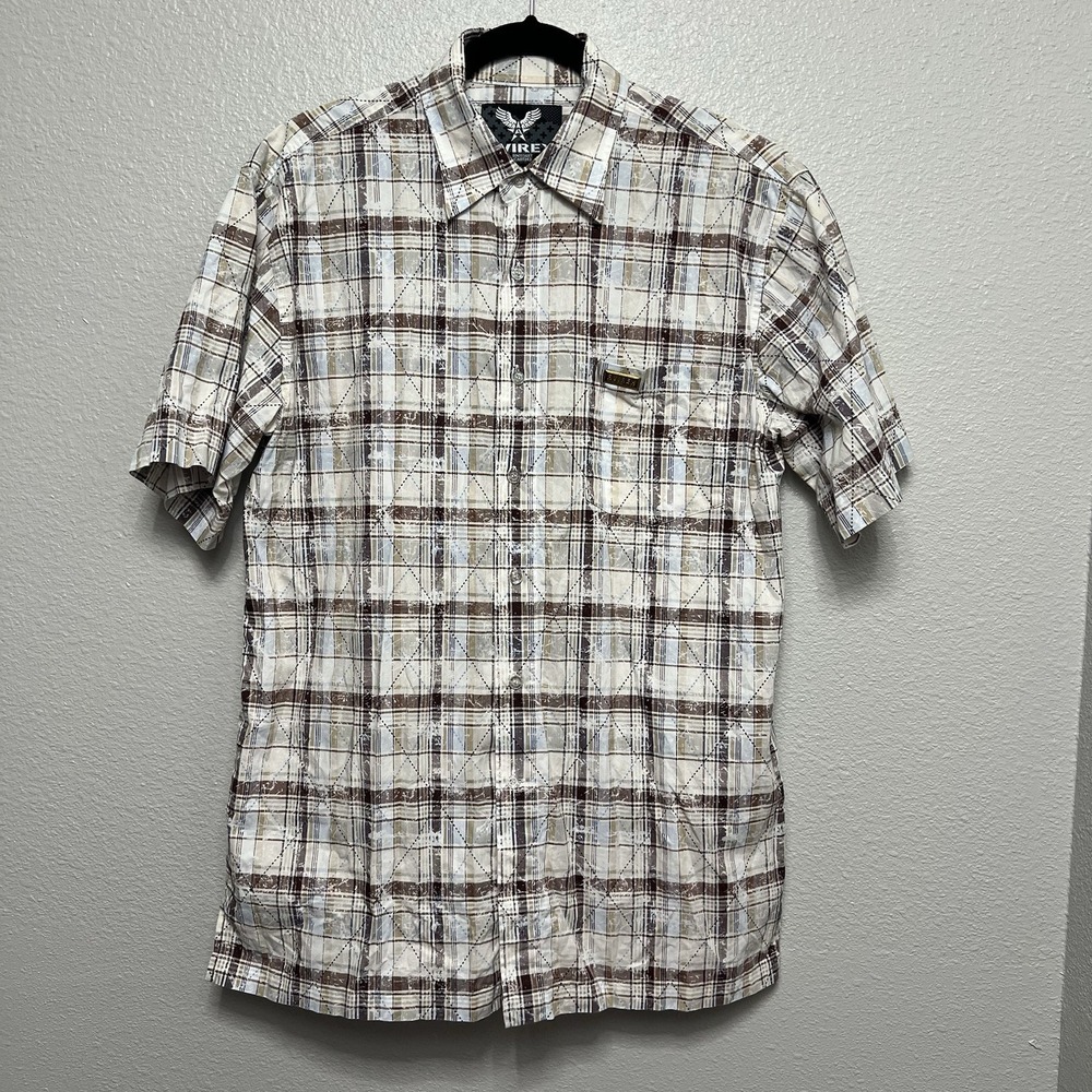 Avirex Y2K Brown Tan Blue Men's L Shirt Cotton Short Sleeve Plaid Logo Metal Tag